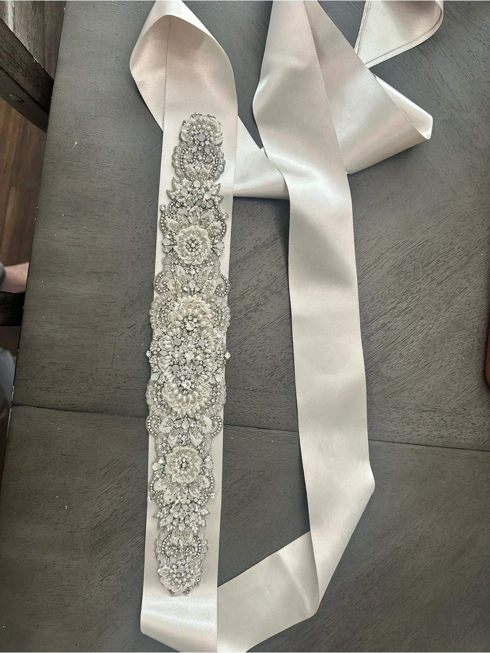 Handmade Ivory Satin Bridal Belt with Crystal & Pearl Applique